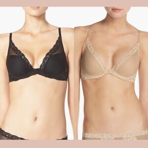 NEW $144 NATORI [ 2PC 30H US ] Feathers Plunge Mesh Bra Cafe + Black T2095